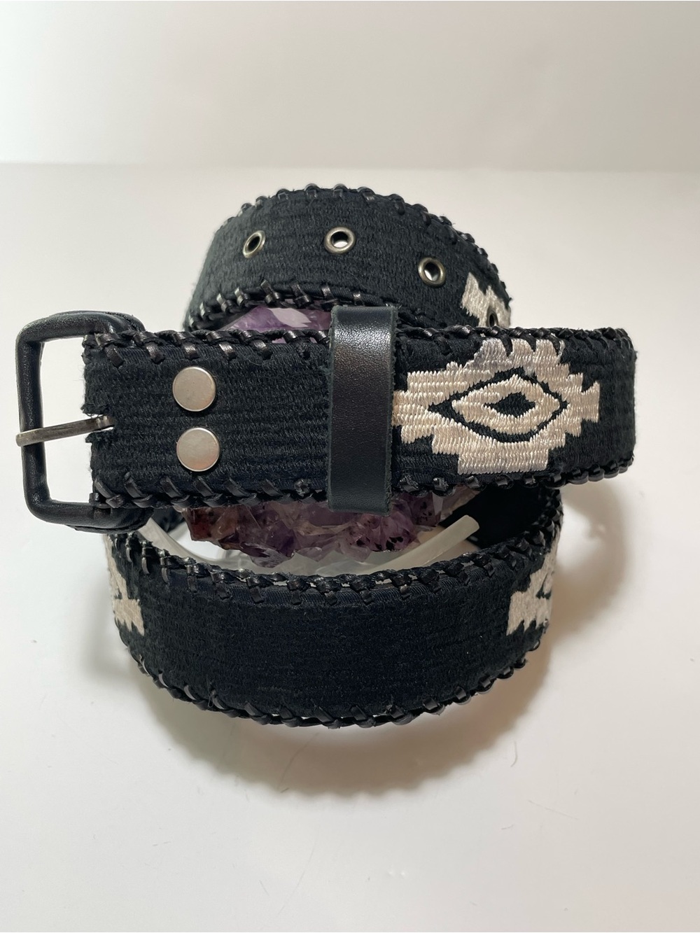 Lucky Brand Black and White Embroidered Leather Belt
